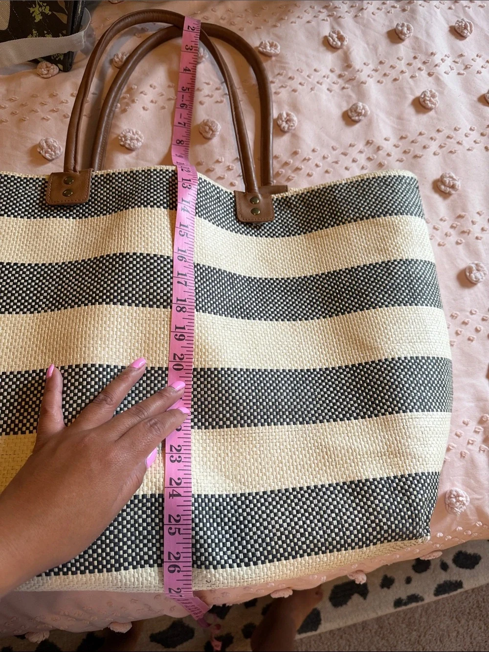 Striped Straw Tote Bag with Brown Handles